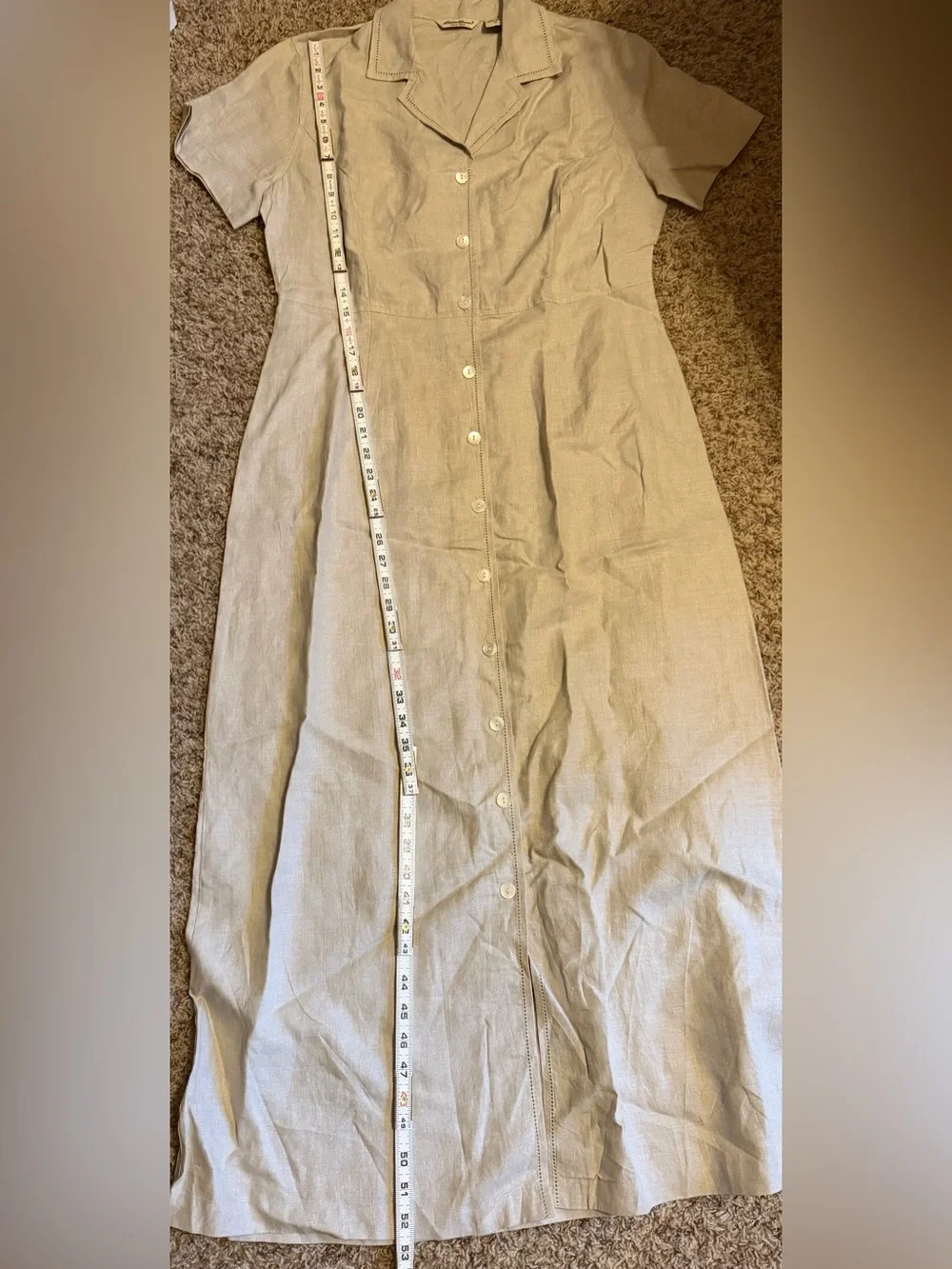 Eddie Bauer Beige 100% Linen Midi‎ Dress Button Front Short Sleeve